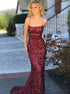 Mermaid Spaghetti Straps Criss Cross Red Sequined Prom Dress LBQ0806